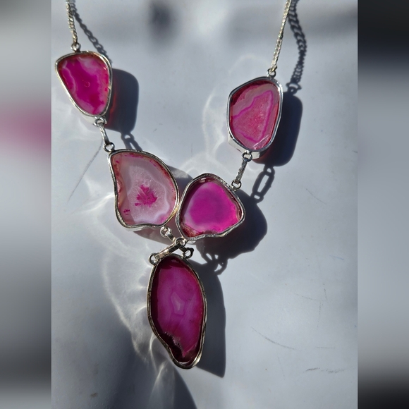 Pink Agate slice sterling Necklace 10"/20" - Picture 4 of 7